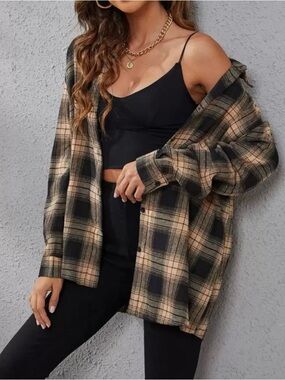 SHEIN Black and Tan Plaid Button-Up Shacket